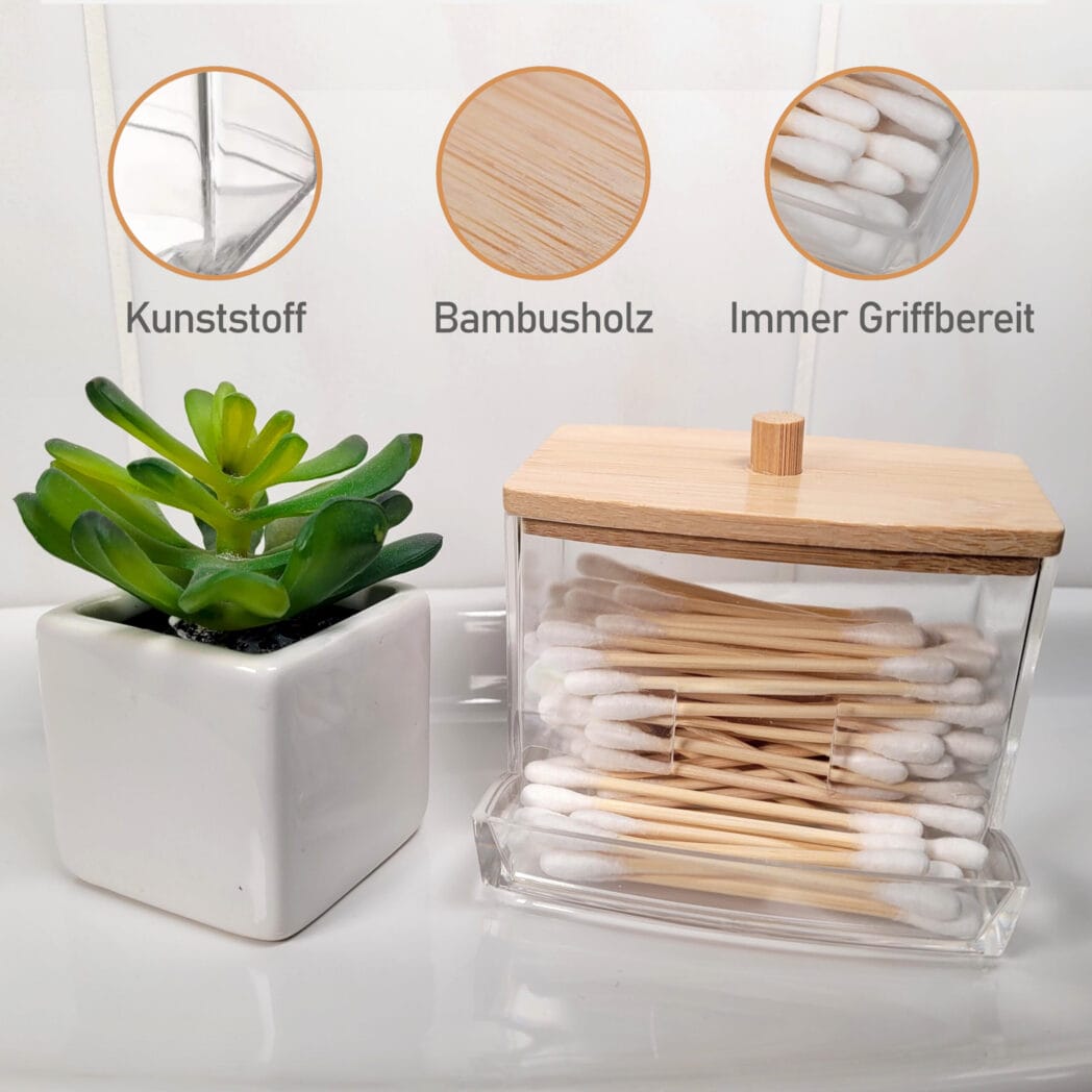 <strong>Wattestäbchen-Box + 100 Bambus Wattestäbchen</strong> aus Kunststoff mit Bambusdeckel – Bild 2